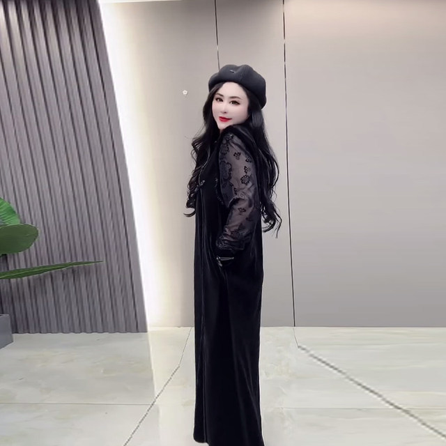 Large size women's long-sleeved lace base shirt fat girl black retro style slim standing collar button long vest skirt
