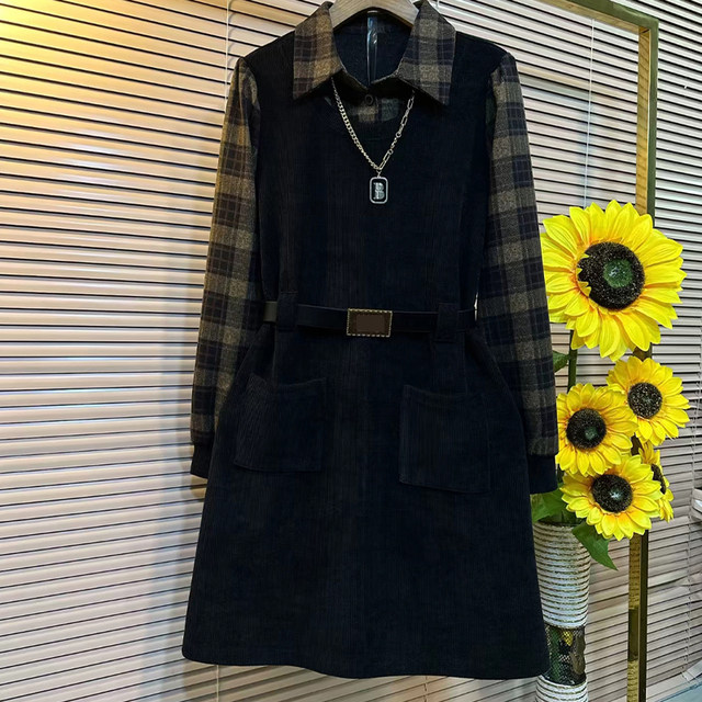 Large size women's lapel splicing plaid long-sleeved autumn and winter casual skirt fat girl looks slim and fake two-piece dress
