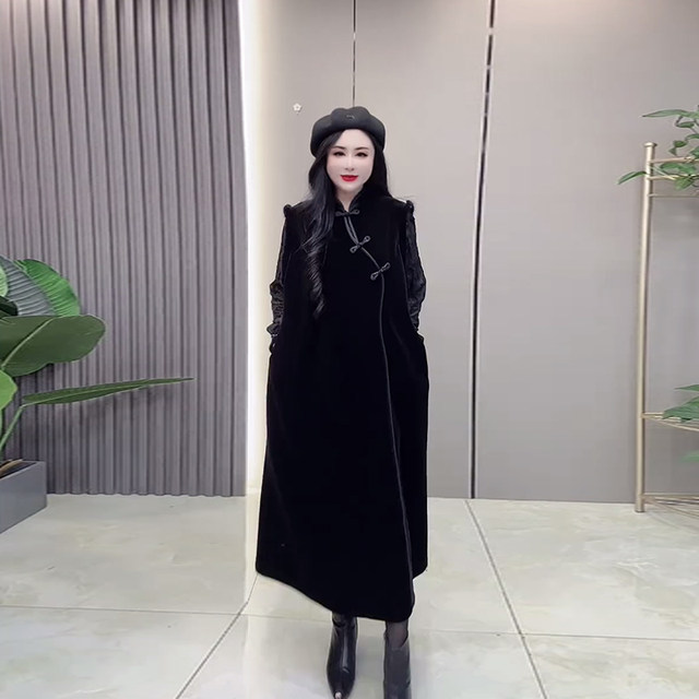 Large size women's long-sleeved lace base shirt fat girl black retro style slim standing collar button long vest skirt