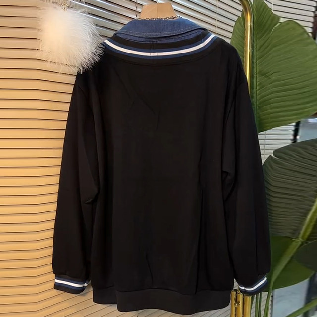 Plus size women's clothing European station spliced ​​denim lapel cardigan long-sleeved jacket fat girl casual versatile coat trendy