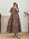 Summer new retro wind cotton sediment, short -sleeved V -neck dressing dress feminine large size thin A -line long skirt

