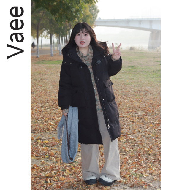 Vaee large size women's mid-length thickened down jacket for winter new fat mm windproof warm standing collar hooded jacket
