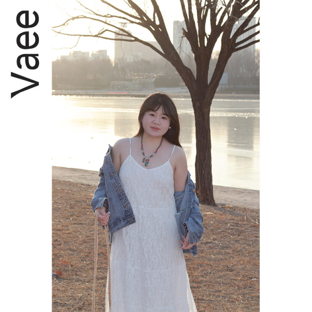 Vaee large size women's lace dress spring new fat mm vacation style lazy V-neck suspender skirt