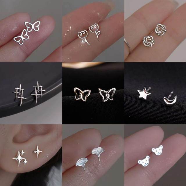 Ear piercing 925 silver small earrings for women set combination sweet style niche design ear bone nails anti-allergic earrings