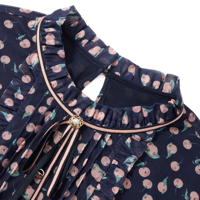 
NAERSI/Narsi bow polka dot chiffon French shirt for women autumn long-sleeved ladies top