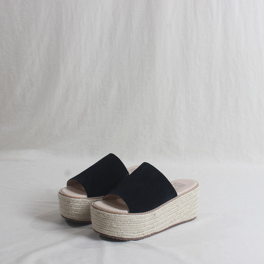 Street Camel Black Slippers Women's Summer Outerwear Genuine Leather Braided Versatile Platform Thick-soled Thick-soled Fish Mouth High-heeled Sandals