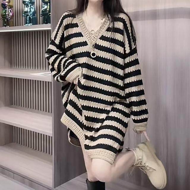 Fat people big size women's stripes medium long knit sweater skirt fat mm loose, thin V -neck sweater dress
