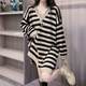 Fat people big size women's stripes medium long knit sweater skirt fat mm loose, thin V -neck sweater dress
