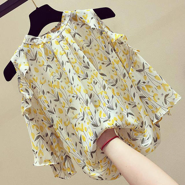 Large size women's clothing fat girl is popular in summer this year's off-shoulder short-sleeved chiffon shirt with floral style and slim tops