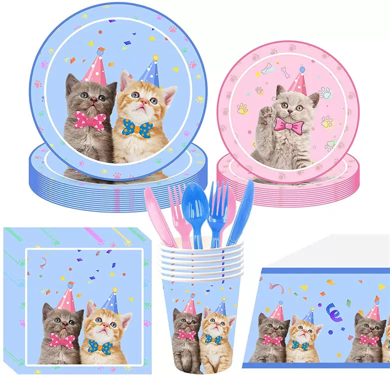宠物猫咪主题派对用品小猫生日装饰套装纸杯勺刀叉桌布气球