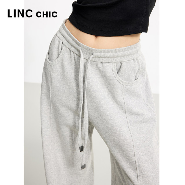 LINC Jin Yujie 2025 new gray waist pants styling high waist wide-leg pants casual pants for women