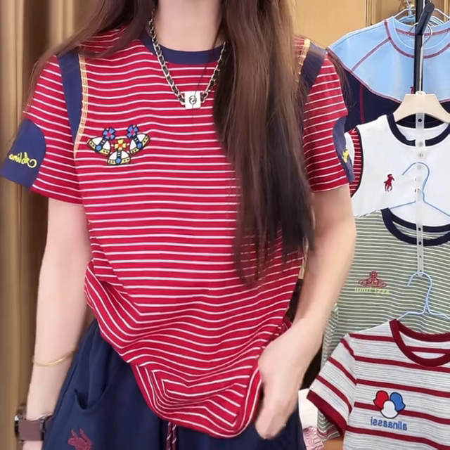 CD 2025 Striped Short-sleeved T-shirt Navy Blue White tencel 606658