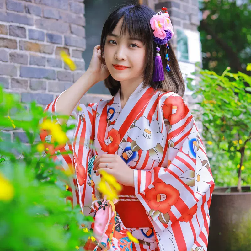 和风樱之美日本和服女正装传统改良版和服浴衣红色山茶花聚酯