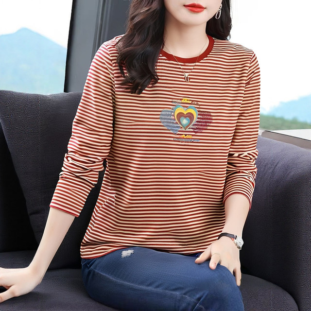 Middle-aged mother autumn long-sleeved 2025 new round neck plus fat pure cotton ladies hot selling tops striped t-shirt