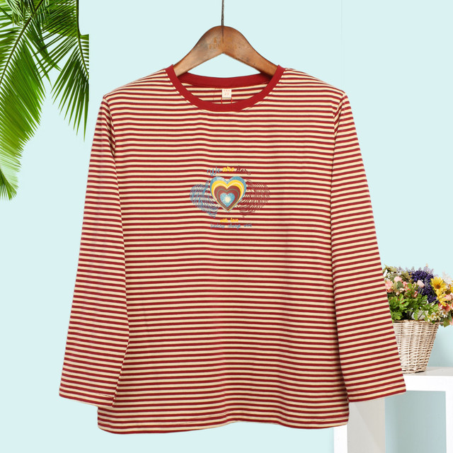 Middle-aged mother autumn long-sleeved 2025 new round neck plus fat pure cotton ladies hot selling tops striped t-shirt