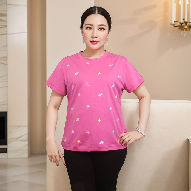 2025 middle-aged mothers summer style trendy large-size women's short-sleeved new style hot-selling versatile belly-reducing age-reducing cotton T-shirt