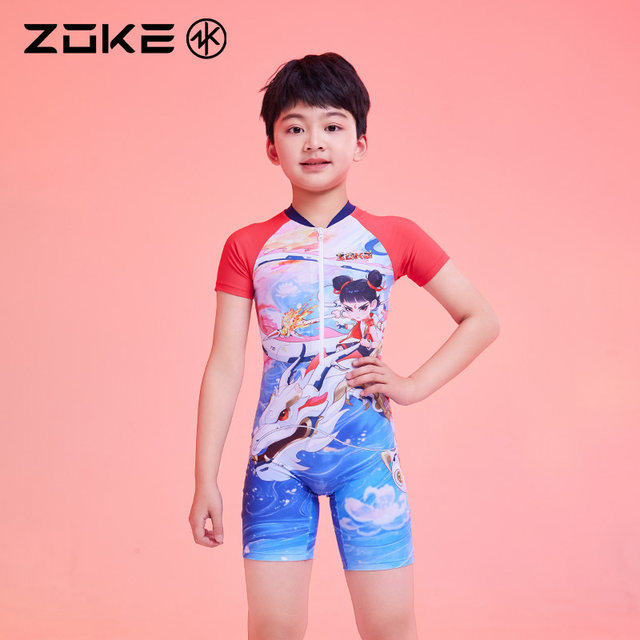 Zhouke children's swimsuit one-piece flat corner short-sleeved sun protection zoke Nezha swimming training boy quick-dry girl swimsuit