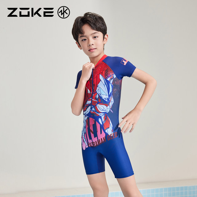 Zoke children's swimsuit one-piece flat corner short-sleeved sun protection swimming training Ultraman zoke boys quick-drying vacation
