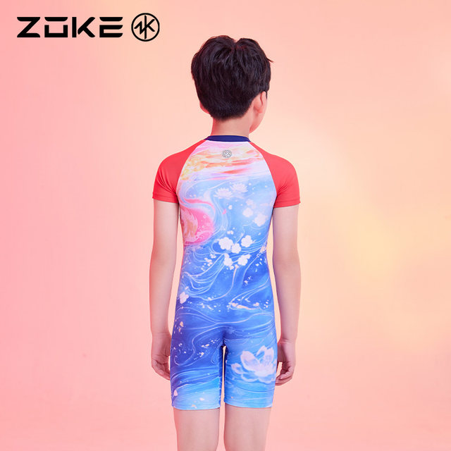 Zhouke children's swimsuit one-piece flat corner short-sleeved sun protection zoke Nezha swimming training boy quick-dry girl swimsuit