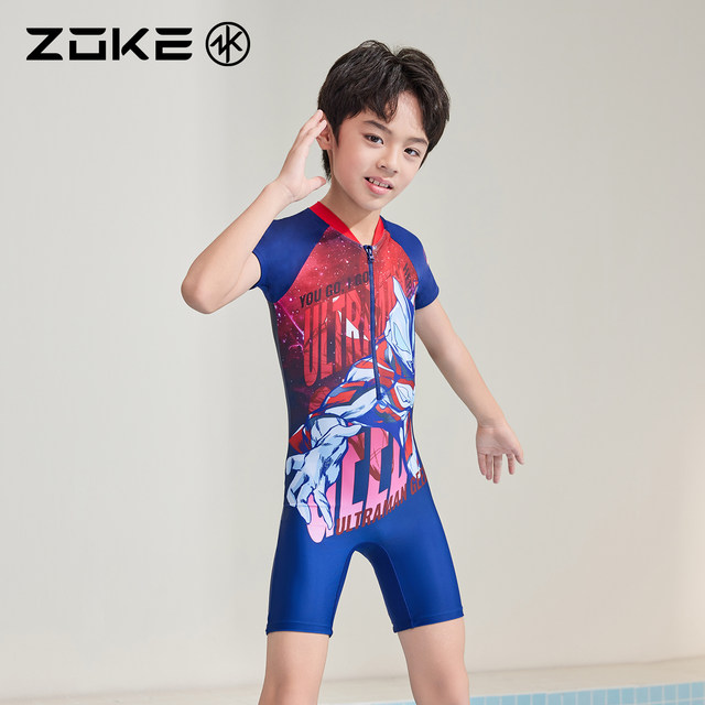 Zoke children's swimsuit one-piece flat corner short-sleeved sun protection swimming training Ultraman zoke boys quick-drying vacation