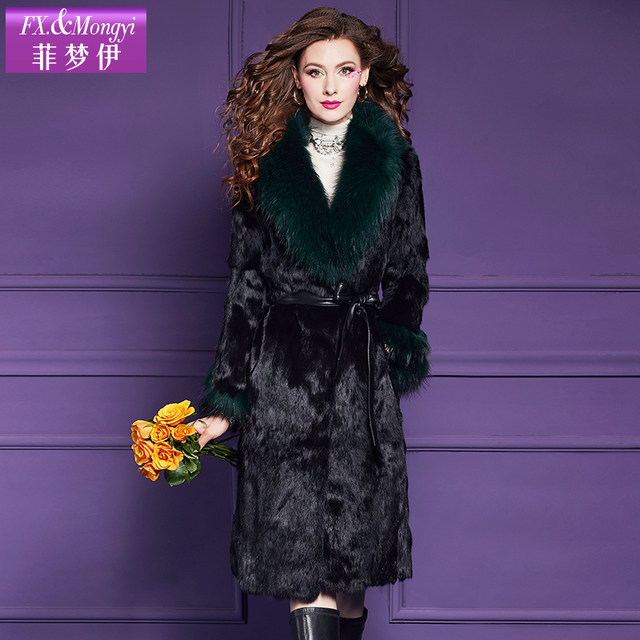 Feimengyi raccoon fur collar rabbit fur one-piece fur coat for women winter high quality light luxury wide coat for women