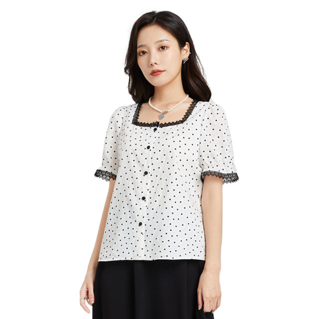 Jinyuan short chiffon shirt for women 2022 summer new fashion polka dot lace square collar short sleeve top A222122