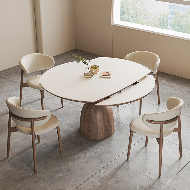 Retractable Nordic modern solid wood rock slab round dining table ...