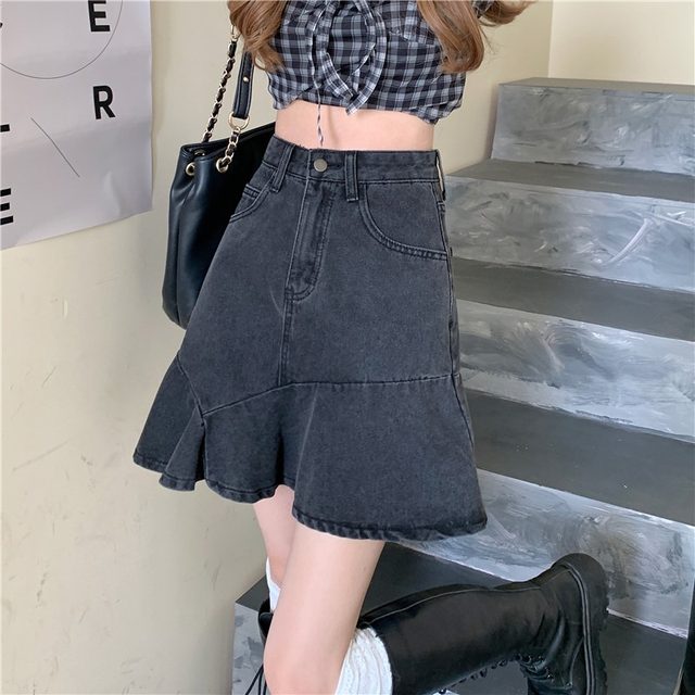 Ruffled skirt summer 2025 new large size fat girl pear-shaped body covering flesh to make her look slim denim a-line skirt