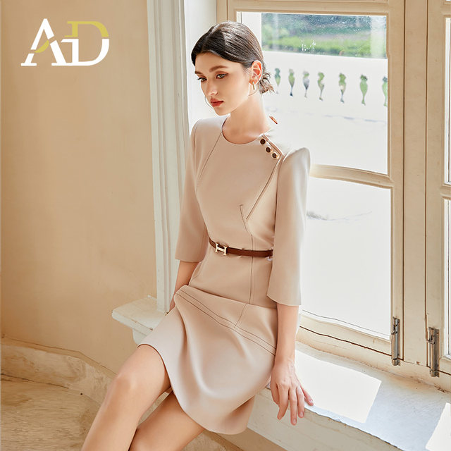 AD Simple and Great Dress Women's temperament seven -point sleeve waist skirt high -end collar OL commute professional dress

