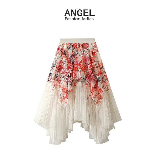 Gauze skirt palace printed irregular mesh skirt long skirt temperament fairy skirt mid-length skirt sweet 1503
