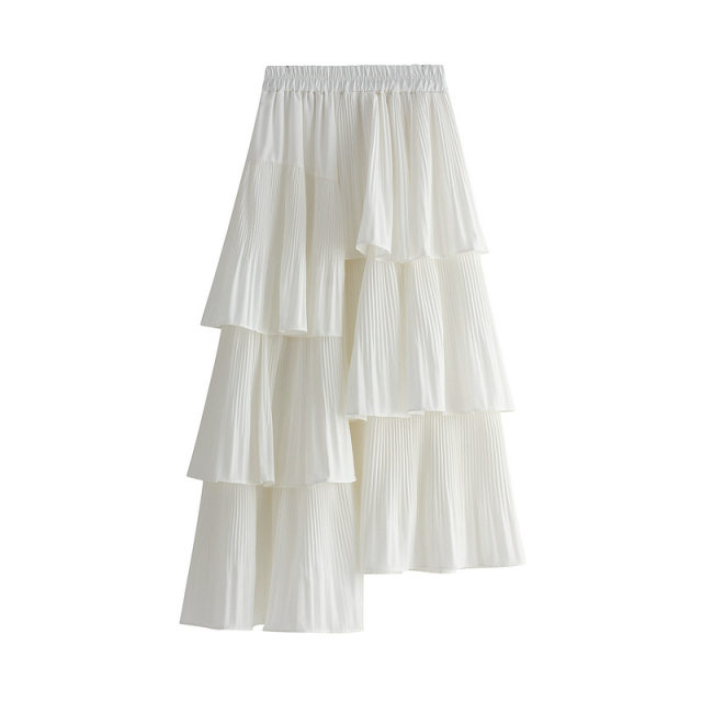Autumn and winter Korean style asymmetrical pleated cake skirt for women, versatile mid-length ruffled irregular skirt 8255