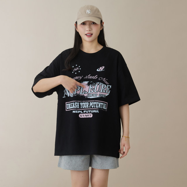 American retro fun printed white black short-sleeved T-shirt for women loose casual 260g pure cotton couple half-sleeved shirt
