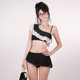 Hot girl's black and white contrasting one-shoulder ruffled skirt bikini, high-end pure lust style and beautiful resort swimsuit