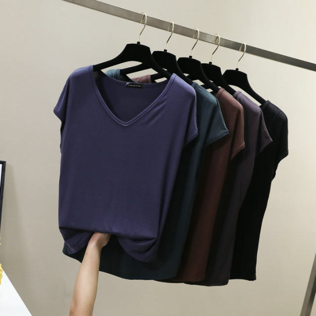 Modal white T-shirt for women short-sleeved slim short summer clothing 2025 new women tight v-neck black top
