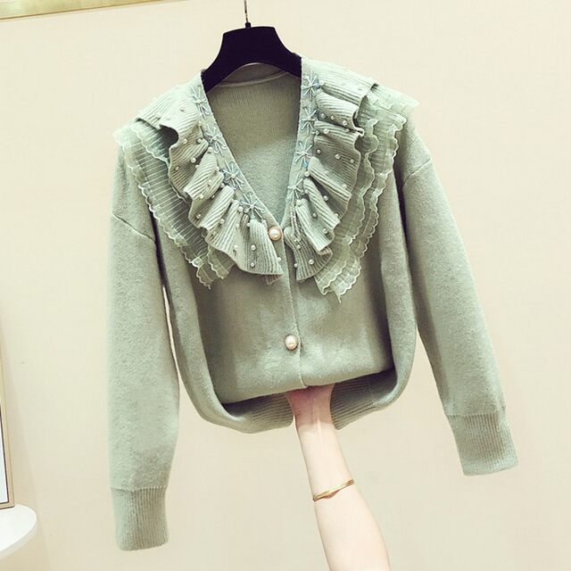 Sweet Heavy Industry Mesh Beaded Ruffle V-neck Long Sleeve Knitted Cardigan Women's 2025 Autumn and Winter New Casual Jacket
