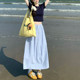Light blue work skirt Japanese sweet dopamine pocket pure cotton A-line skirt small mid-length large umbrella skirt