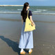 Light blue work skirt Japanese sweet dopamine pocket pure cotton A-line skirt small mid-length large umbrella skirt