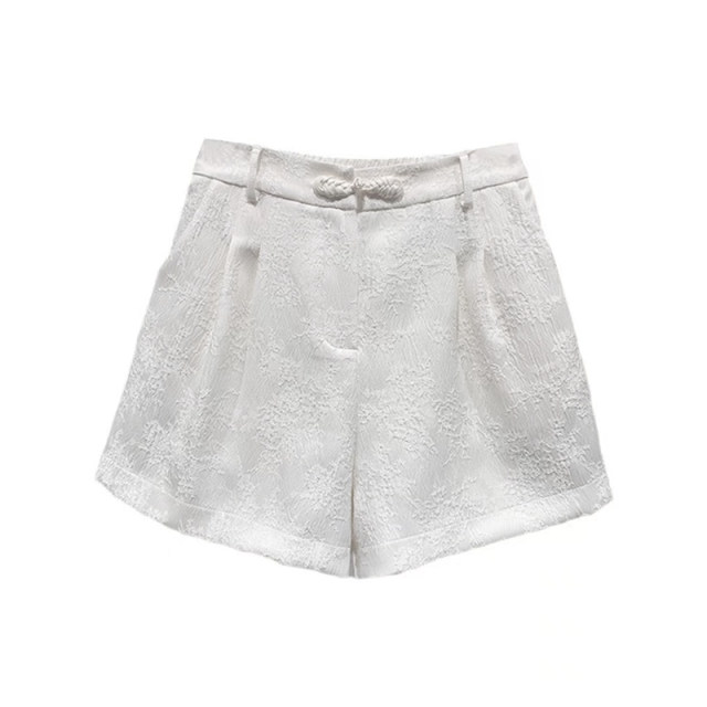 New Chinese style white shorts for women with large size high waist slimming jacquard plate button A-line wide-leg pants for summer thin