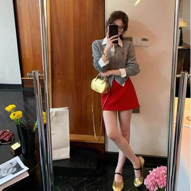 Temperament white and red suit short skirt skirt for women in spring and autumn new high-waisted sweet hot girl versatile A-line skirt