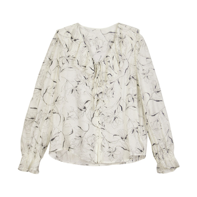 Jiarenyuan chiffon shirt for women in spring 2025 new V-neck ruffle ink printing chiffon shirt French retro