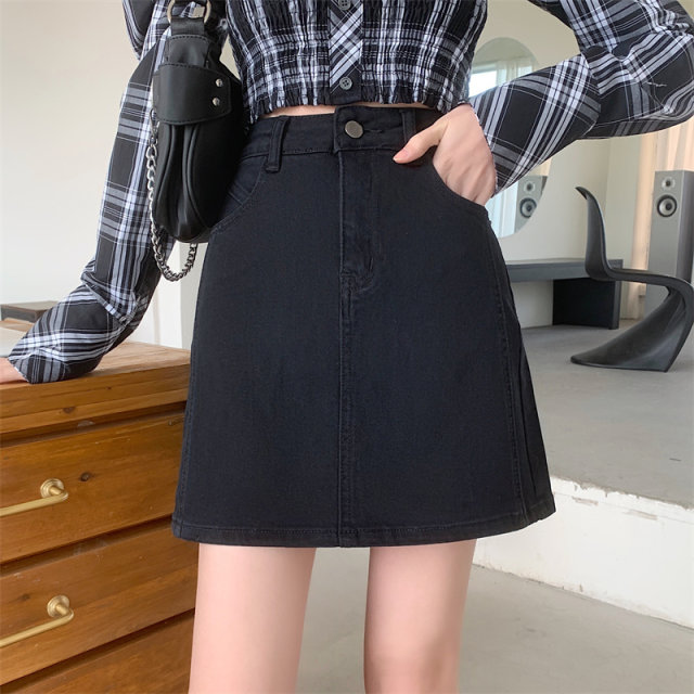 Blue denim short skirt for women 2025 spring and summer retro high waist A-line skirt large size versatile ins slim hip skirt