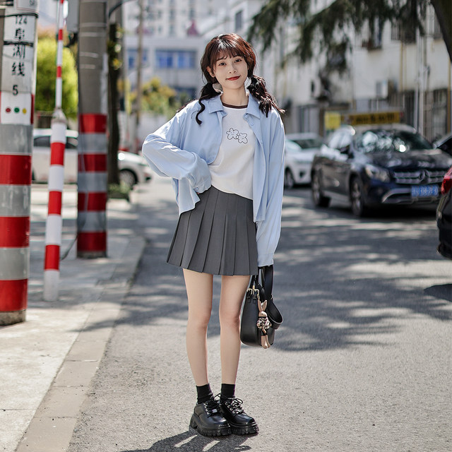 Yano Japanese College Wind Gray pleated skirt Female Xia Sweet Wind high -waist high -waisted A -shaped suits skirt