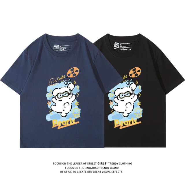 Korean Tibetan blue short -sleeved T -shirt Female niche cute style cartoon reduction, age -shoulder pure cotton student half -sleeved shirt summer
