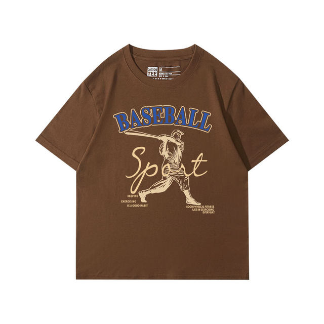 JKTee niche American retro brown positive shoulder thin short -sleeved T -shirt women loose white and Korean version of couple dress half -sleeved
