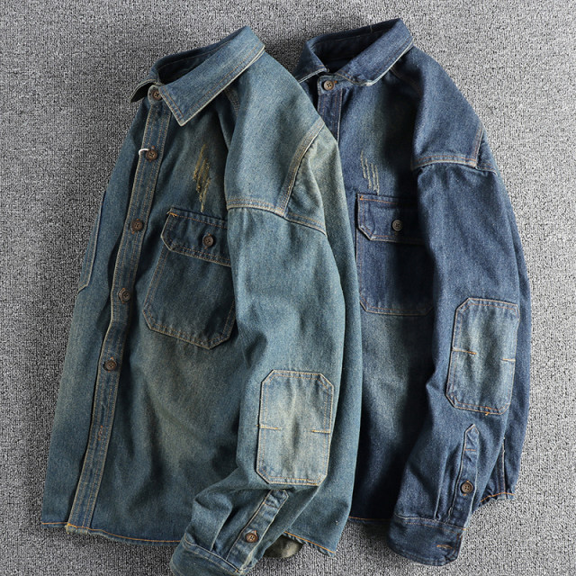 Sleeve patch splicing heavy wash old retro denim shirt men loose hard trendy youth shirt