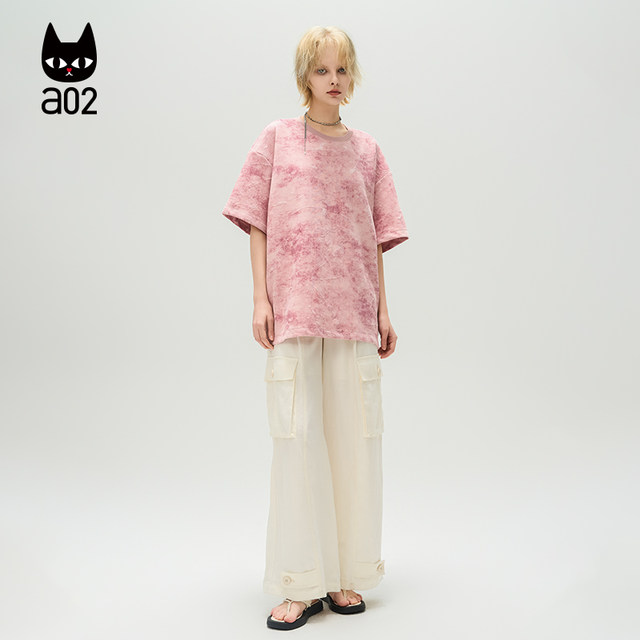 a02 pink tie-dye design short-sleeved T-shirt for women 2025 summer new loose top
