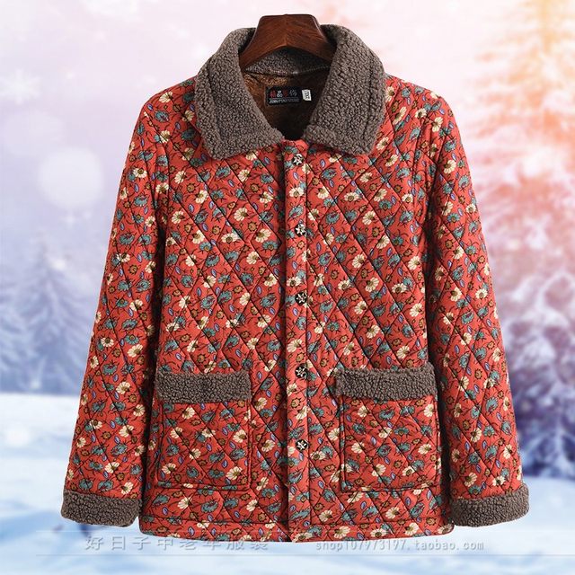 Mom's cotton-padded jacket with velvet and thickened winter new style floral cotton-padded jacket for middle-aged and elderly people fashionable elastic lapel cotton-padded jacket for women