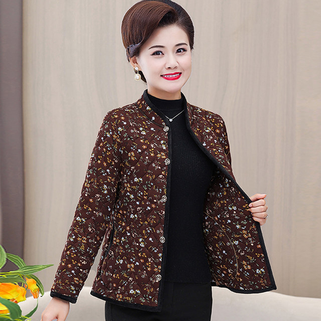 Middle -aged and elderly mother pretend to be autumn and winter ladies loose long -sleeved foreign cotton coat fashion standing collar cotton coat jacket