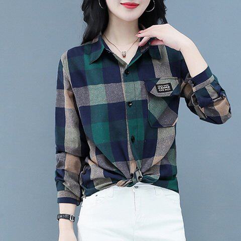 Plaid cotton shirt for summer new pure cotton thin women's large-size cardigan casual top trendy long-sleeved sun protection clothing
