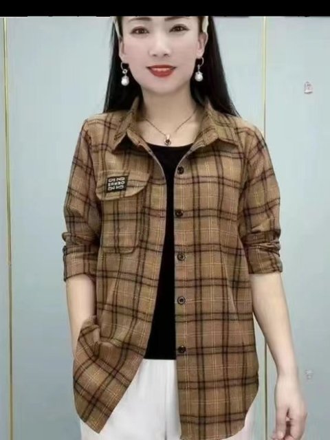 Foreign trade big name leaks large size pure cotton plaid shirt female mandarin is thin casual wild long -sleeved jacket
